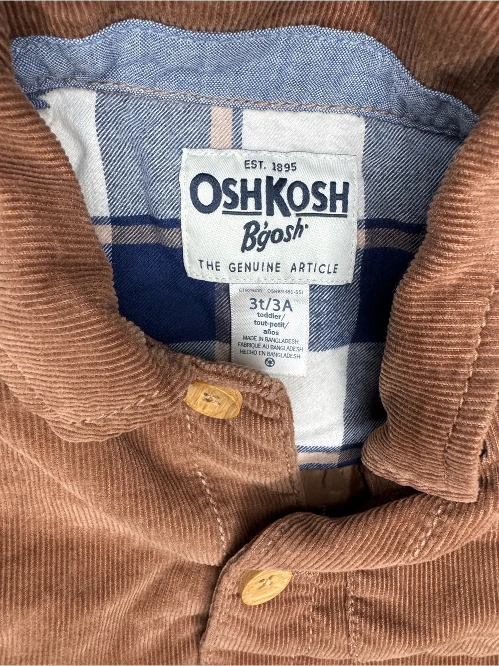 Oshkosh B’Gosh Toddler Boys Corduroy Button up Jacket - Brown Size 3T NWT